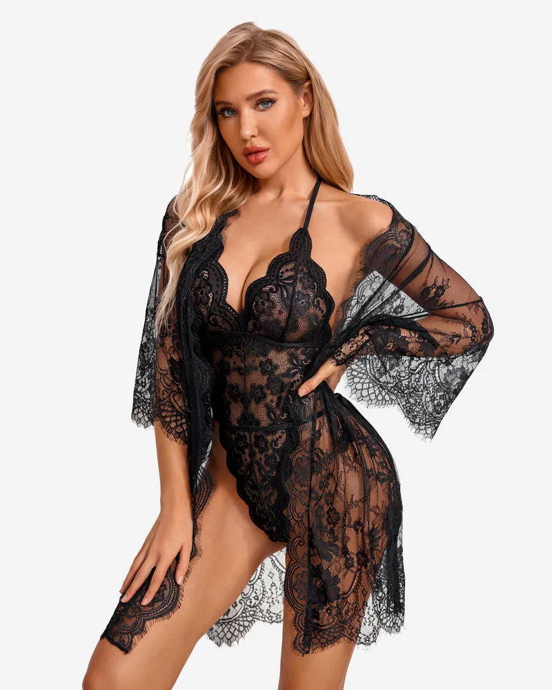 2 Piece Set Lace Robe with Teddy (DE Only)