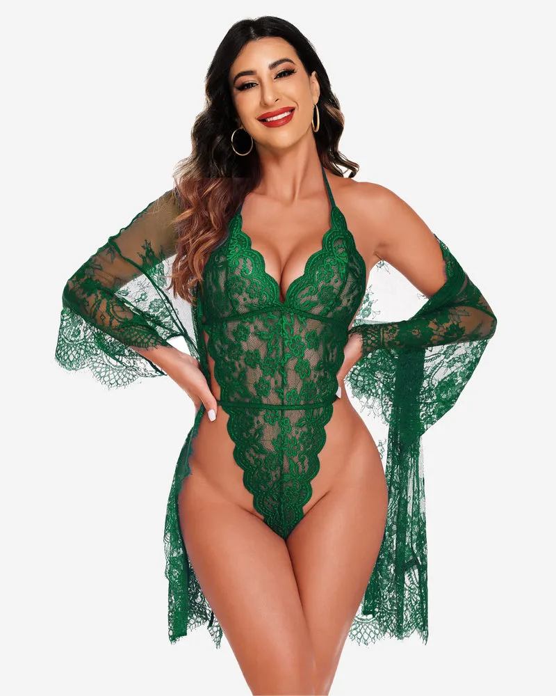2 Piece Set Lace Robe with Teddy (DE Only)