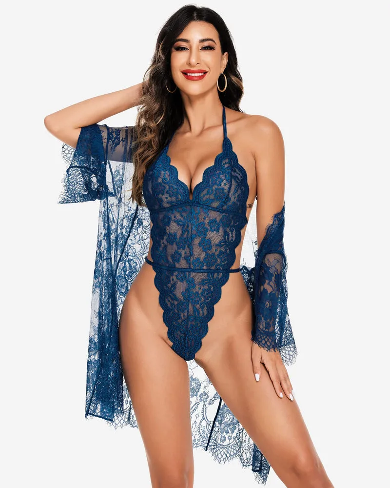 2 Piece Set Lace Robe with Teddy (DE Only)