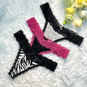 3 Pack T Back Lace Trim Low Waist Cotton Seamless Thongs