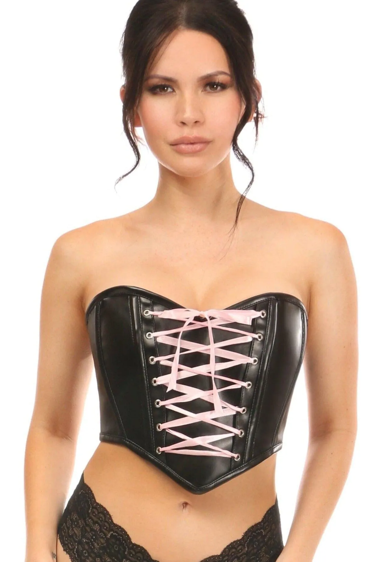 Black Faux Leather w/Pink Lace-Up Bustier