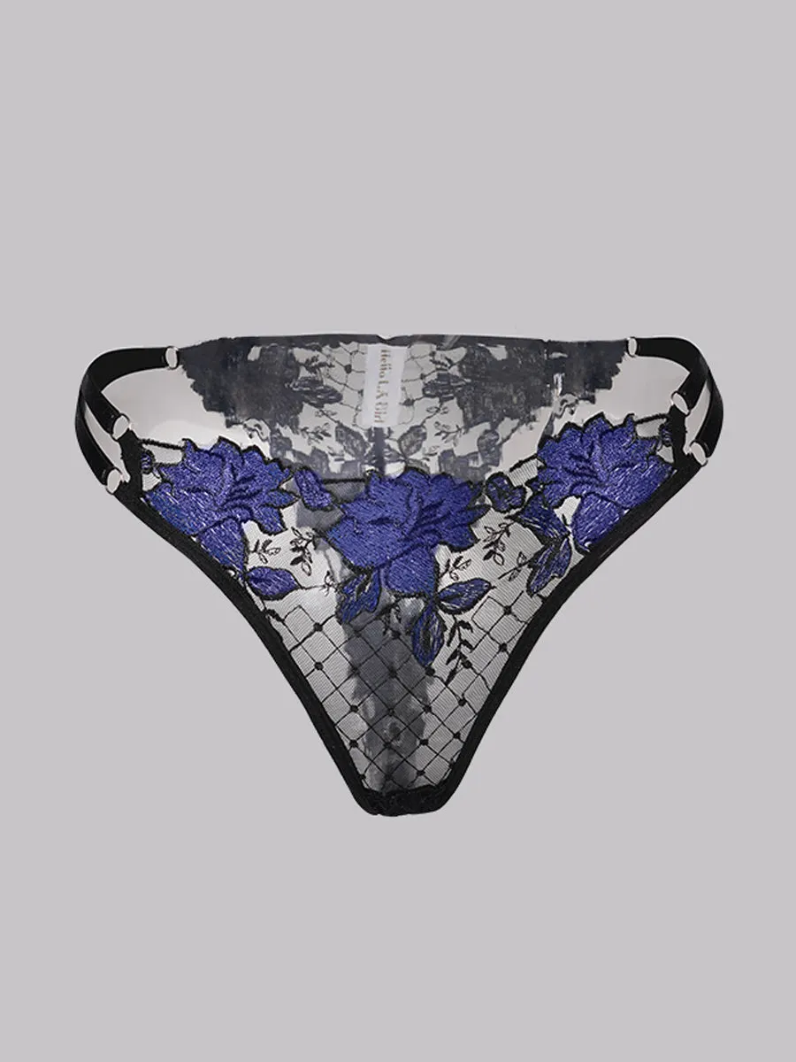 Black&Blue Floral Embroidered Mesh Sheer Thong