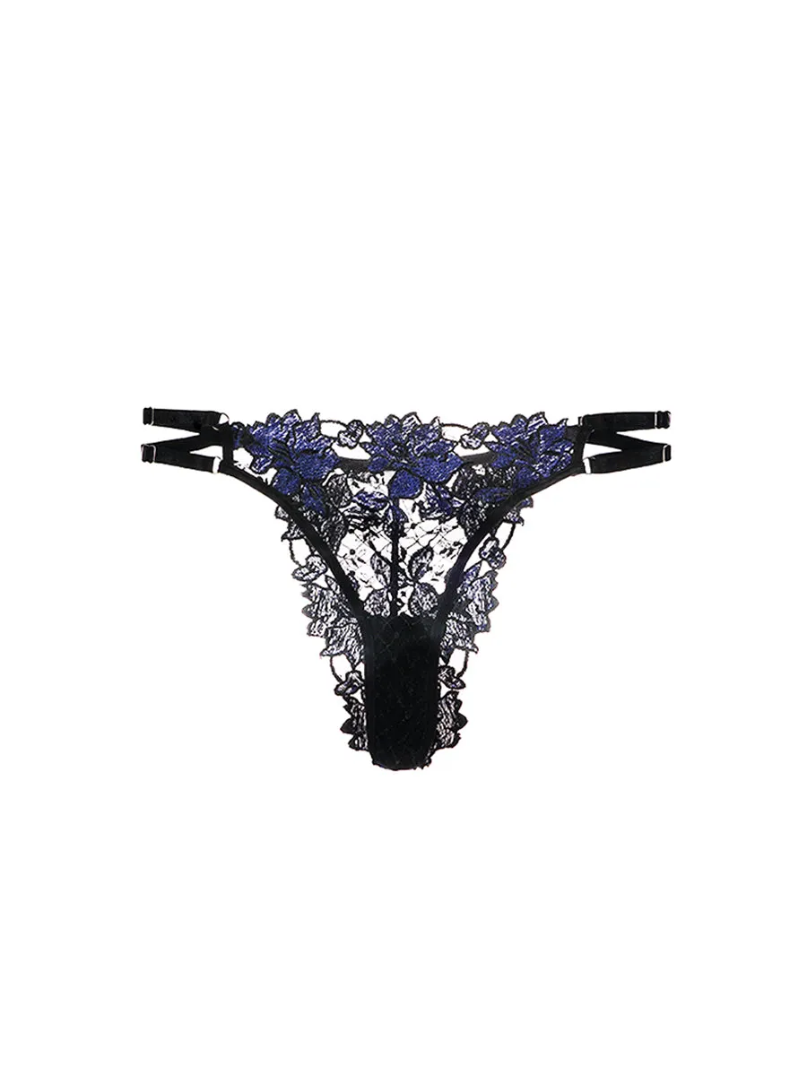 Black&Blue Floral Embroidered Mesh Sheer Thong