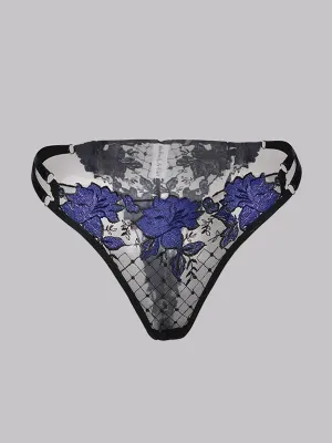 Black&Blue Floral Embroidered Mesh Sheer Thong