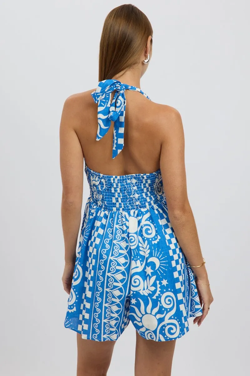 Blue Abstract Playsuit Halter Neck