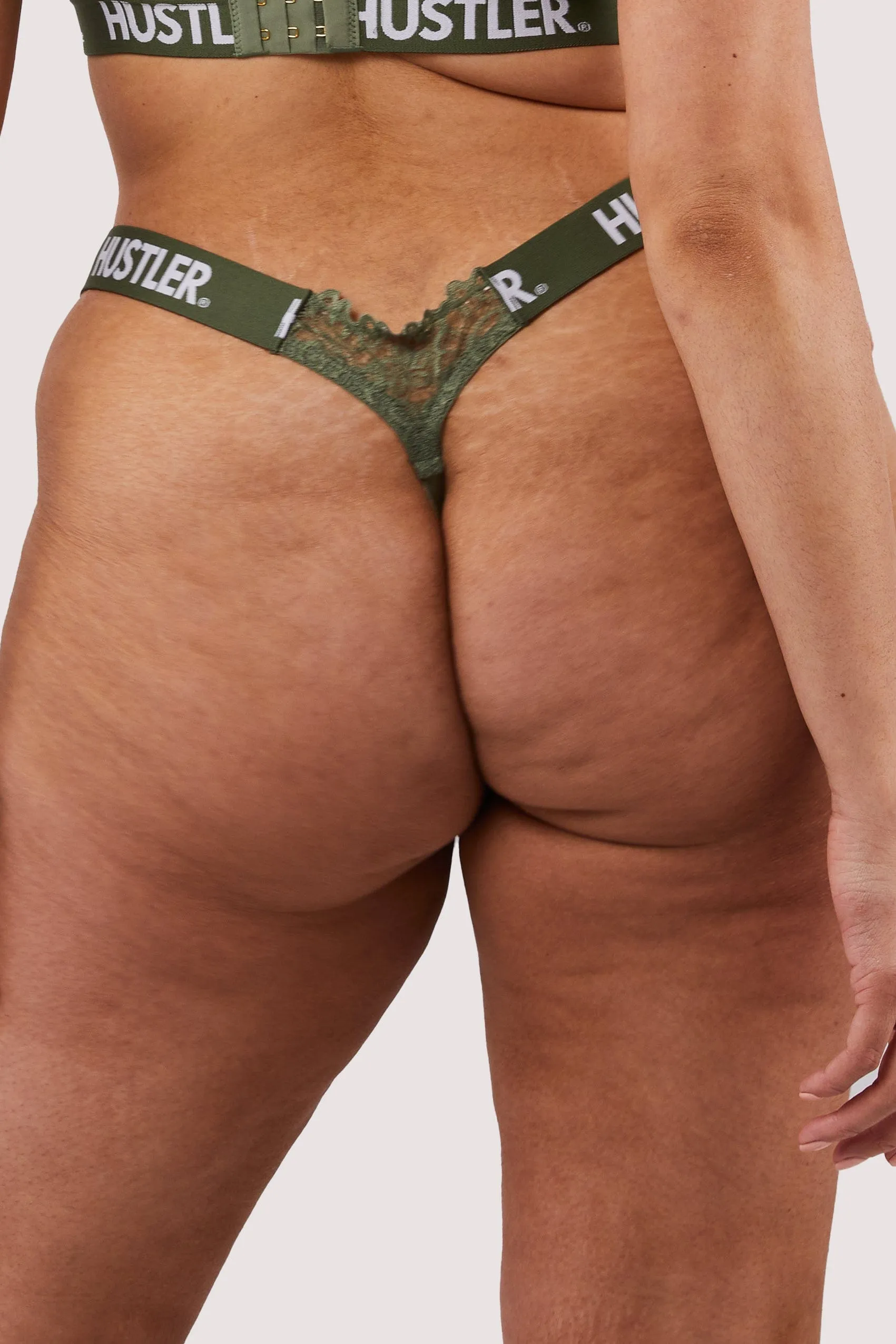Branded Olive Lace Thong