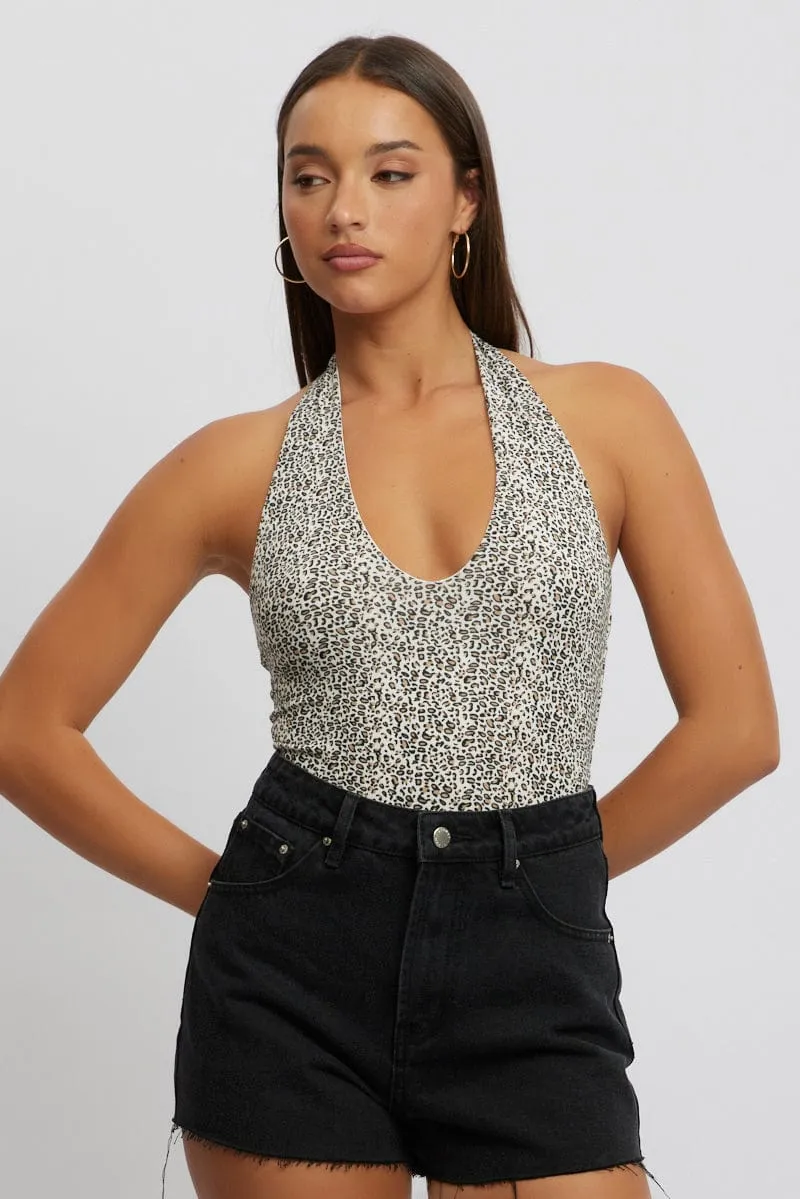 Brown Animal Print Halter Neck Bodysuit Sleeveless