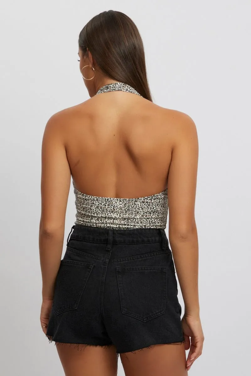 Brown Animal Print Halter Neck Bodysuit Sleeveless