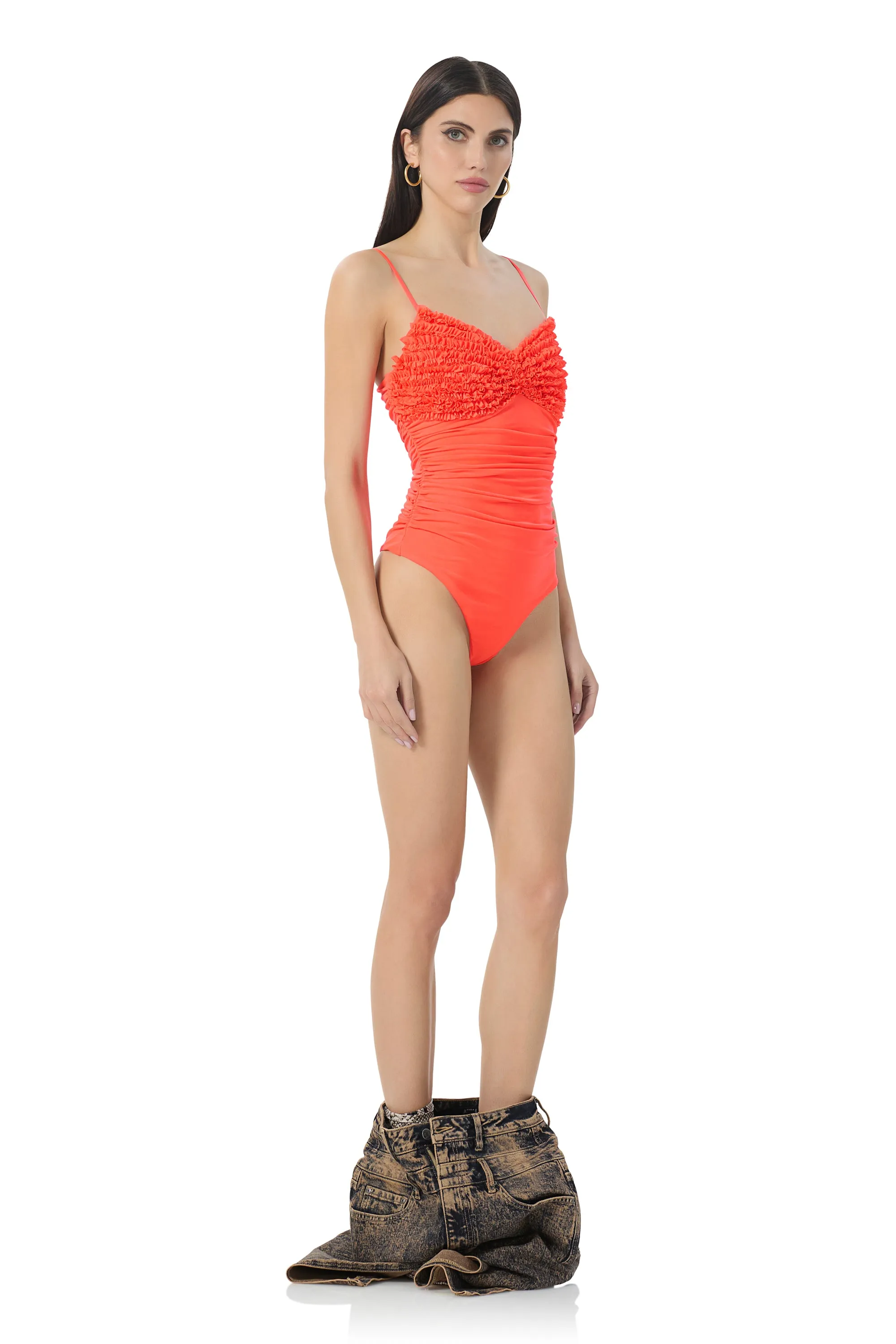 Casia Ruffle Bodysuit - Fiery Coral