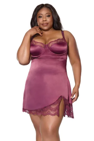 Coquette Queen Sexy Lace Stretch Satin Side Slit Chemise Plum
