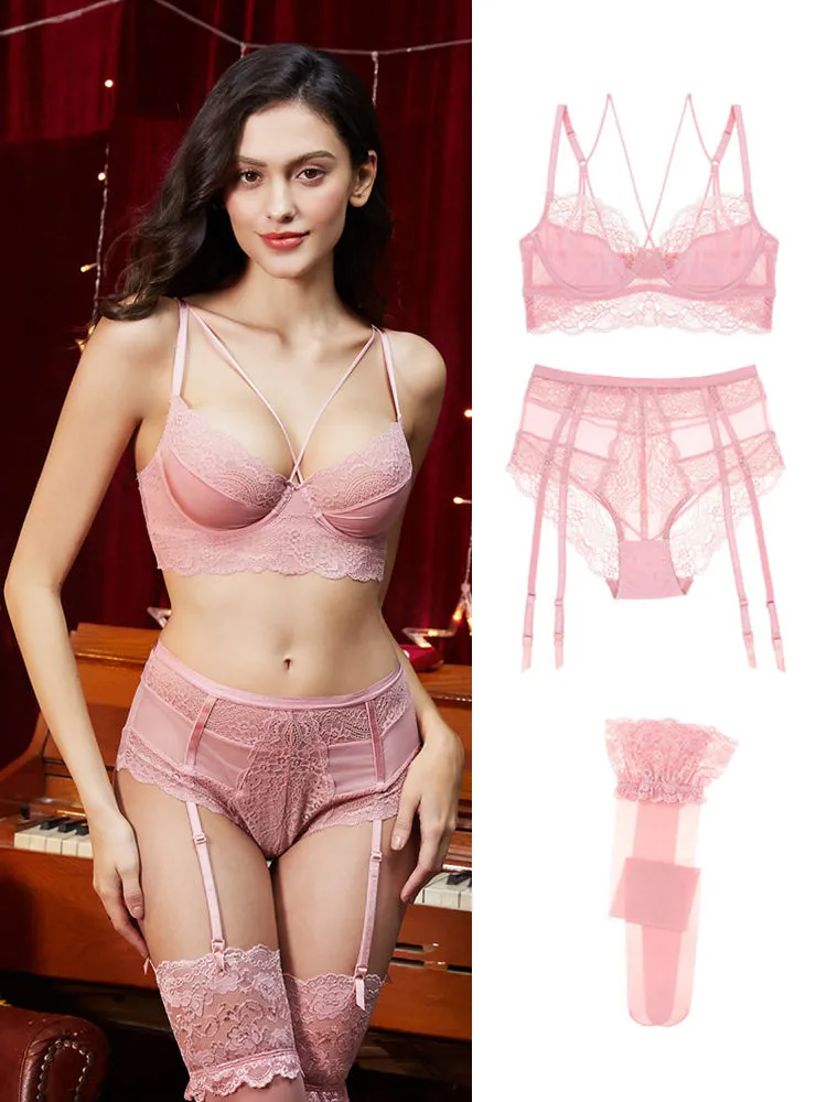 Cross Strap Lace Up Underwire Bra Lingerie Set