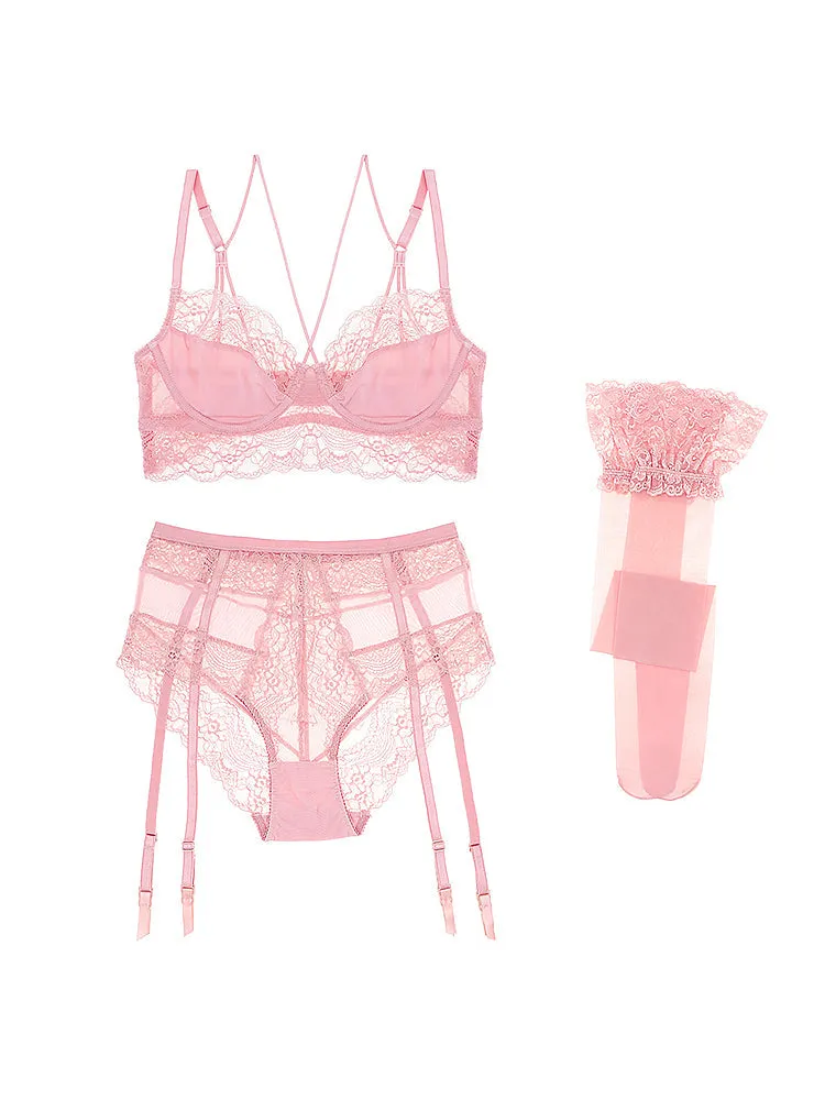 Cross Strap Lace Up Underwire Bra Lingerie Set