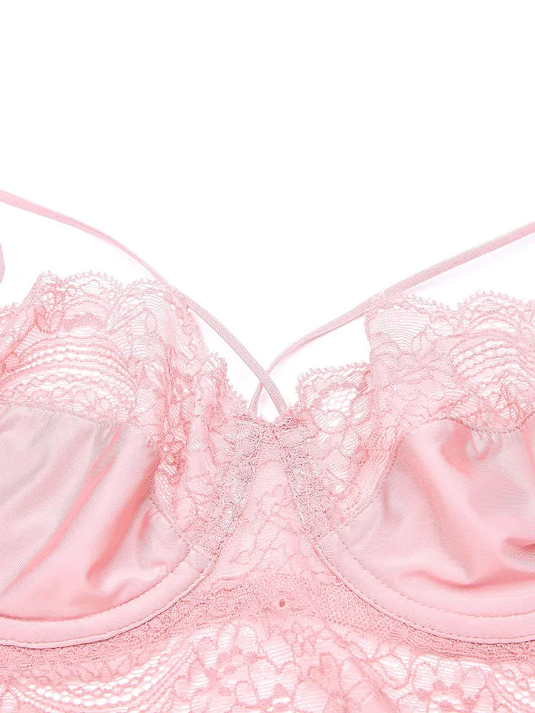 Cross Strap Lace Up Underwire Bra Lingerie Set