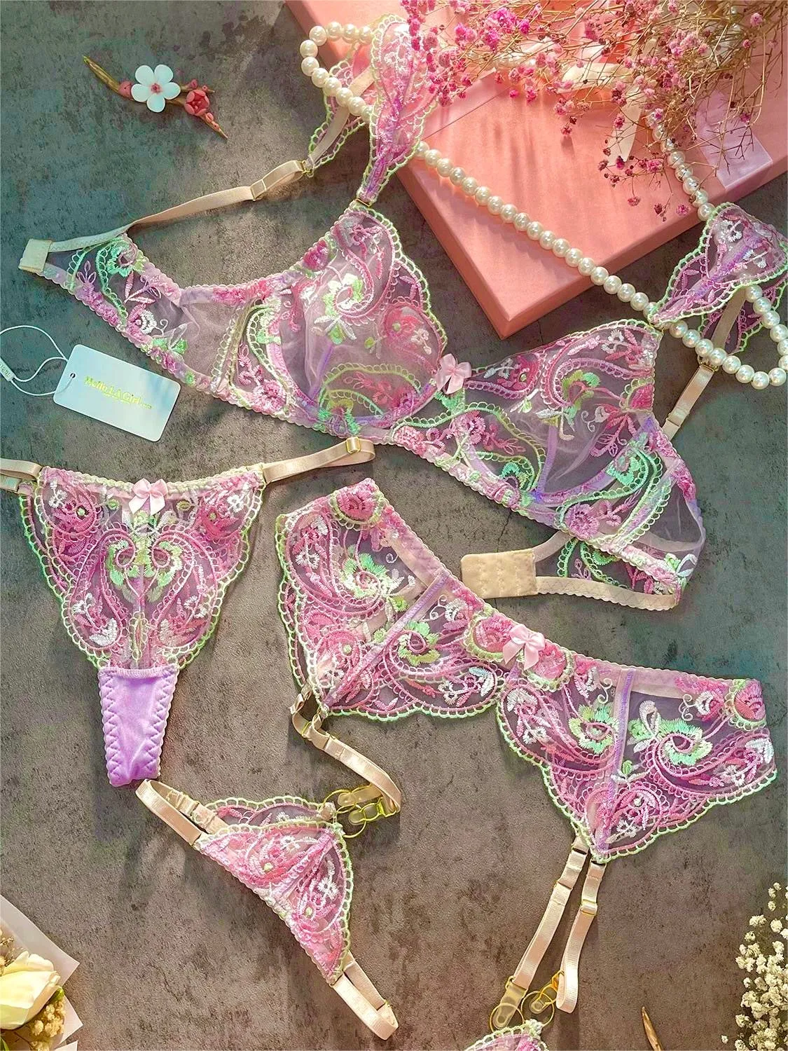 Fantasy Purple Embroidered See Through Lingerie Set