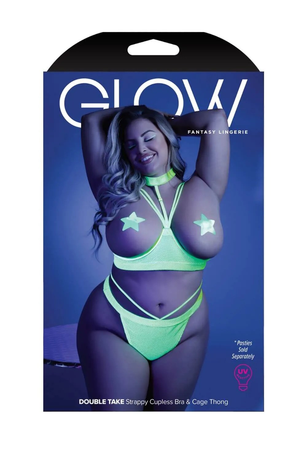 Fantasy Queen Glow Black Light Harness Open Shelf Bra Set Neon Lemon