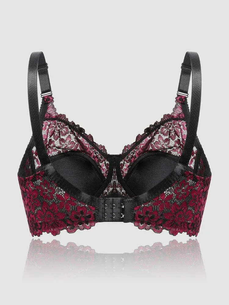 Floral Embroidered Underwire Patchwork Transparent  Breathable Comfy Bras