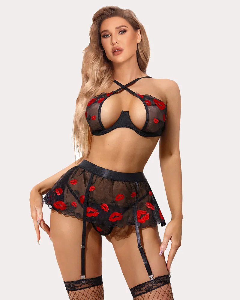 Floral Garter Lingerie Set with Underwire