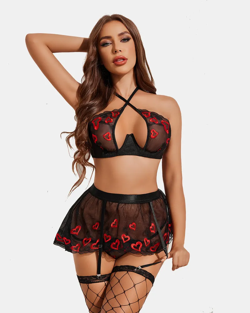 Floral Garter Lingerie Set with Underwire