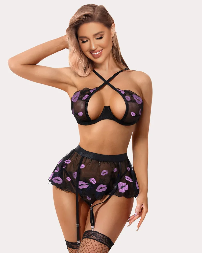 Floral Garter Lingerie Set with Underwire