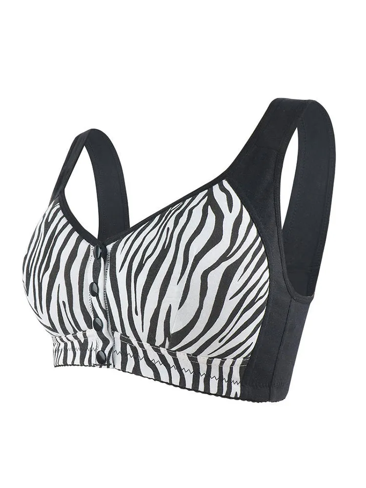 Front Snap Button Trendy Plus Size Zebra Print  Wireless Bra
