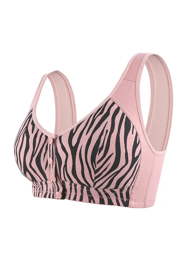 Front Snap Button Trendy Plus Size Zebra Print  Wireless Bra