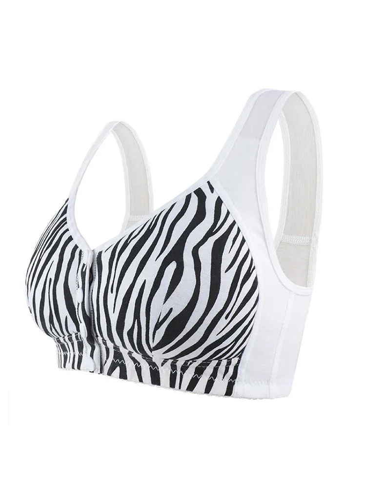 Front Snap Button Trendy Plus Size Zebra Print  Wireless Bra