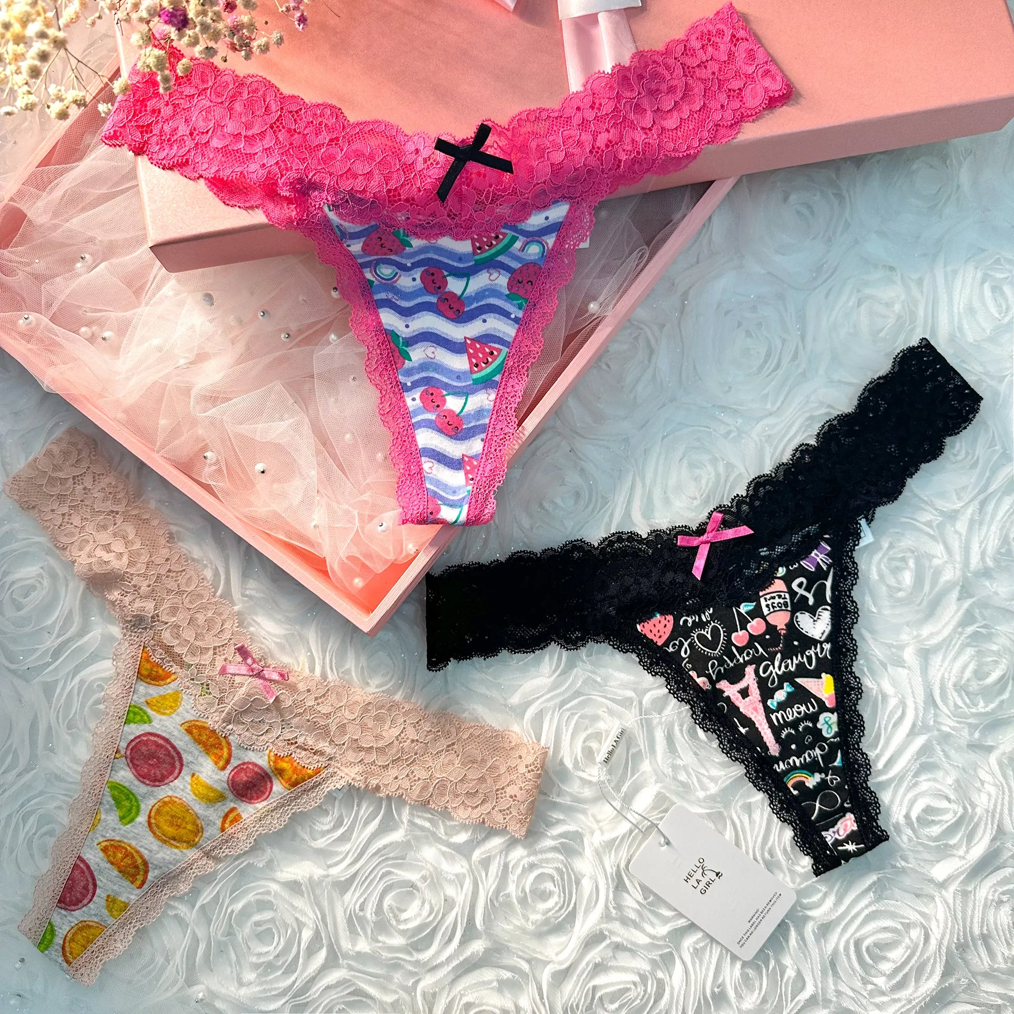 Fruit Print T Back Lace Low Waist Cotton Seamless 3 Pack Thongs