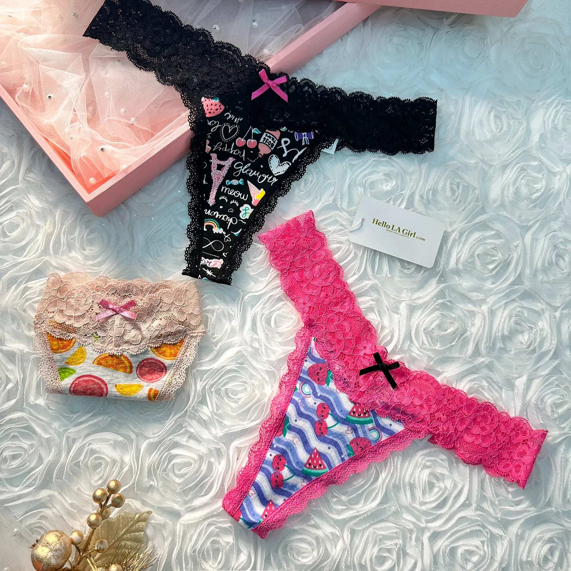 Fruit Print T Back Lace Low Waist Cotton Seamless 3 Pack Thongs