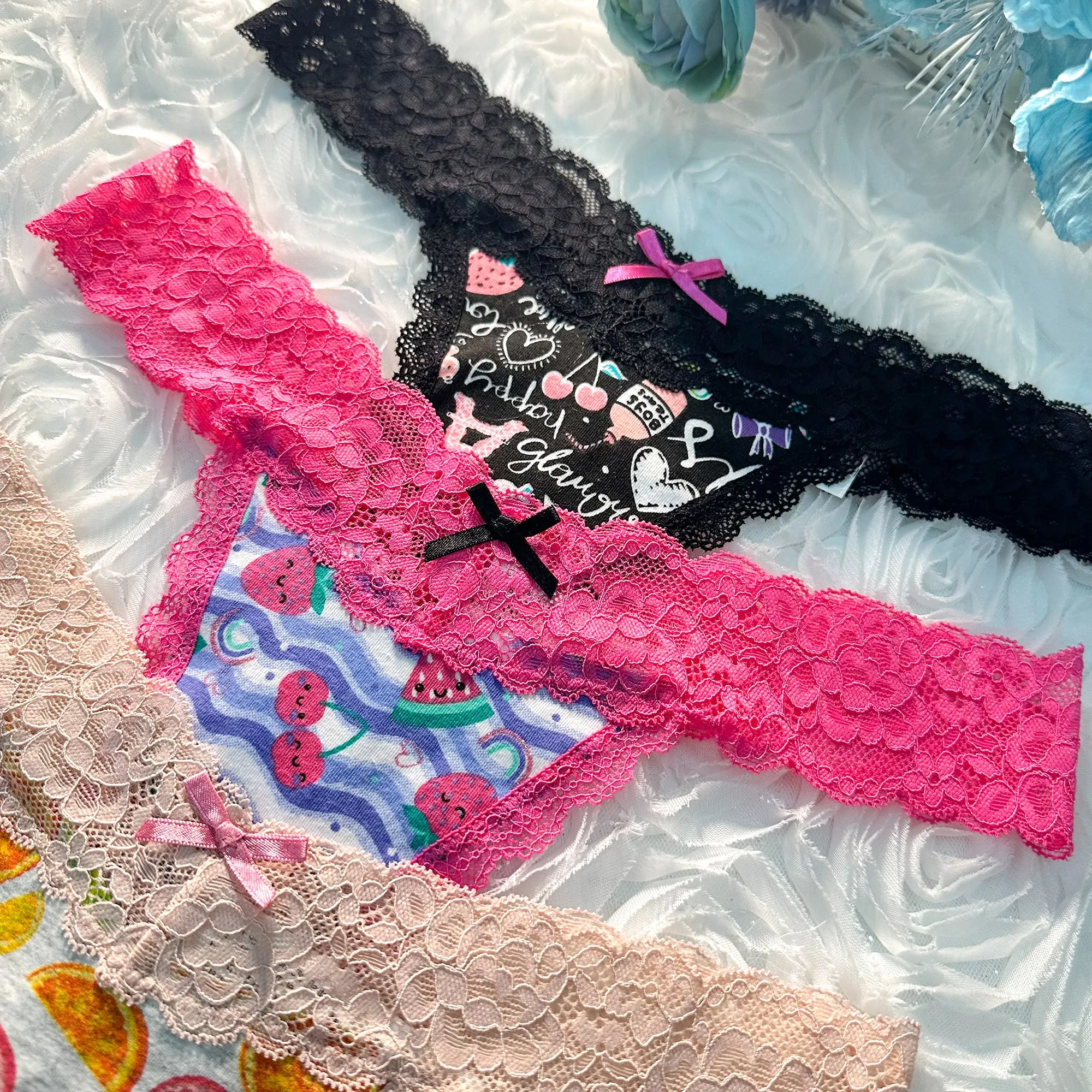 Fruit Print T Back Lace Low Waist Cotton Seamless 3 Pack Thongs