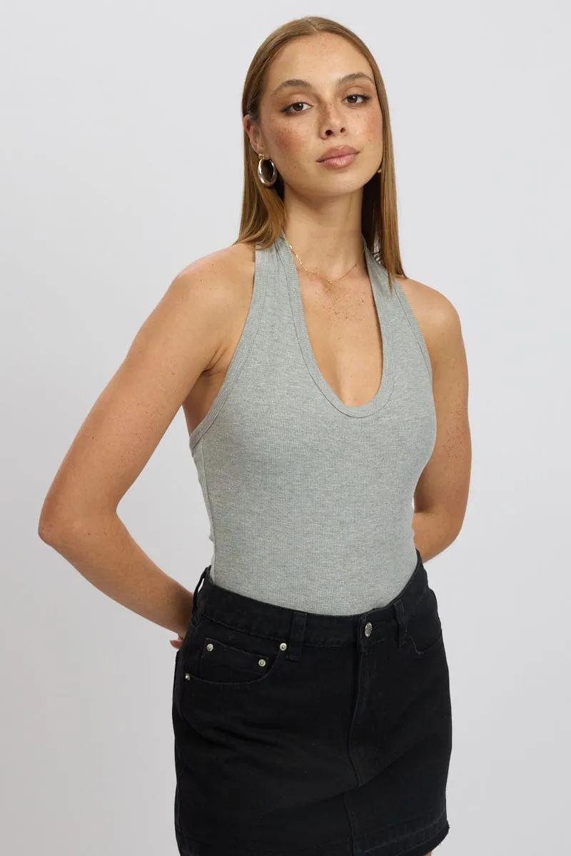 Grey Halter Bodysuit Rib