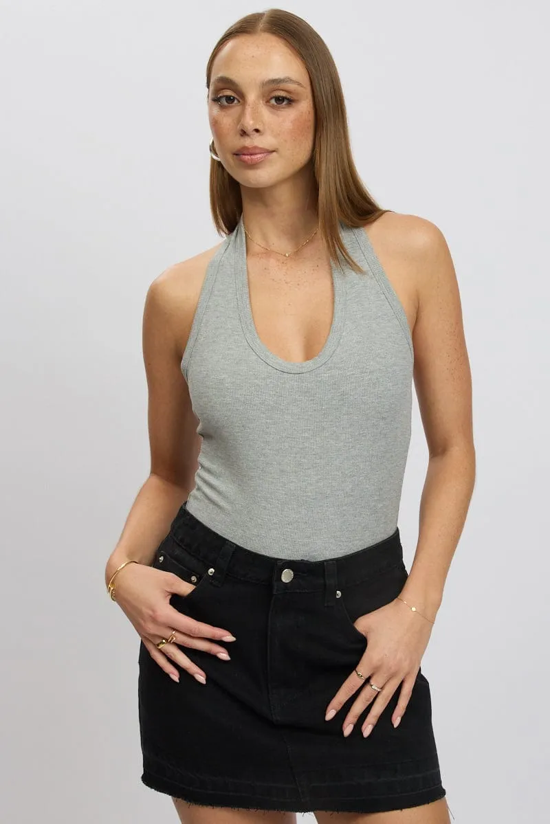 Grey Halter Bodysuit Rib