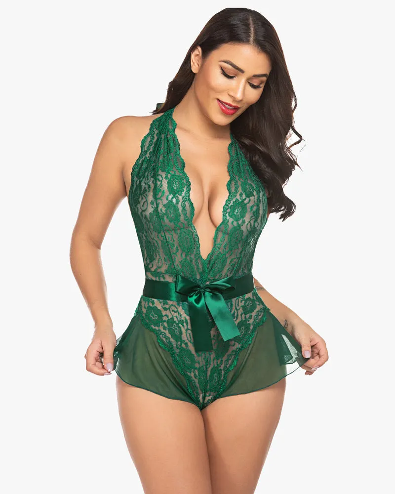 Halter V Neck One Piece Lingerie