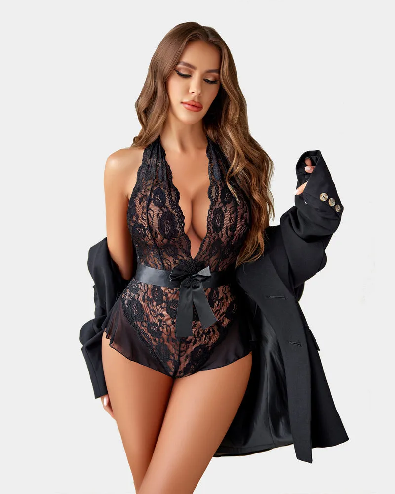 Halter V Neck One Piece Lingerie