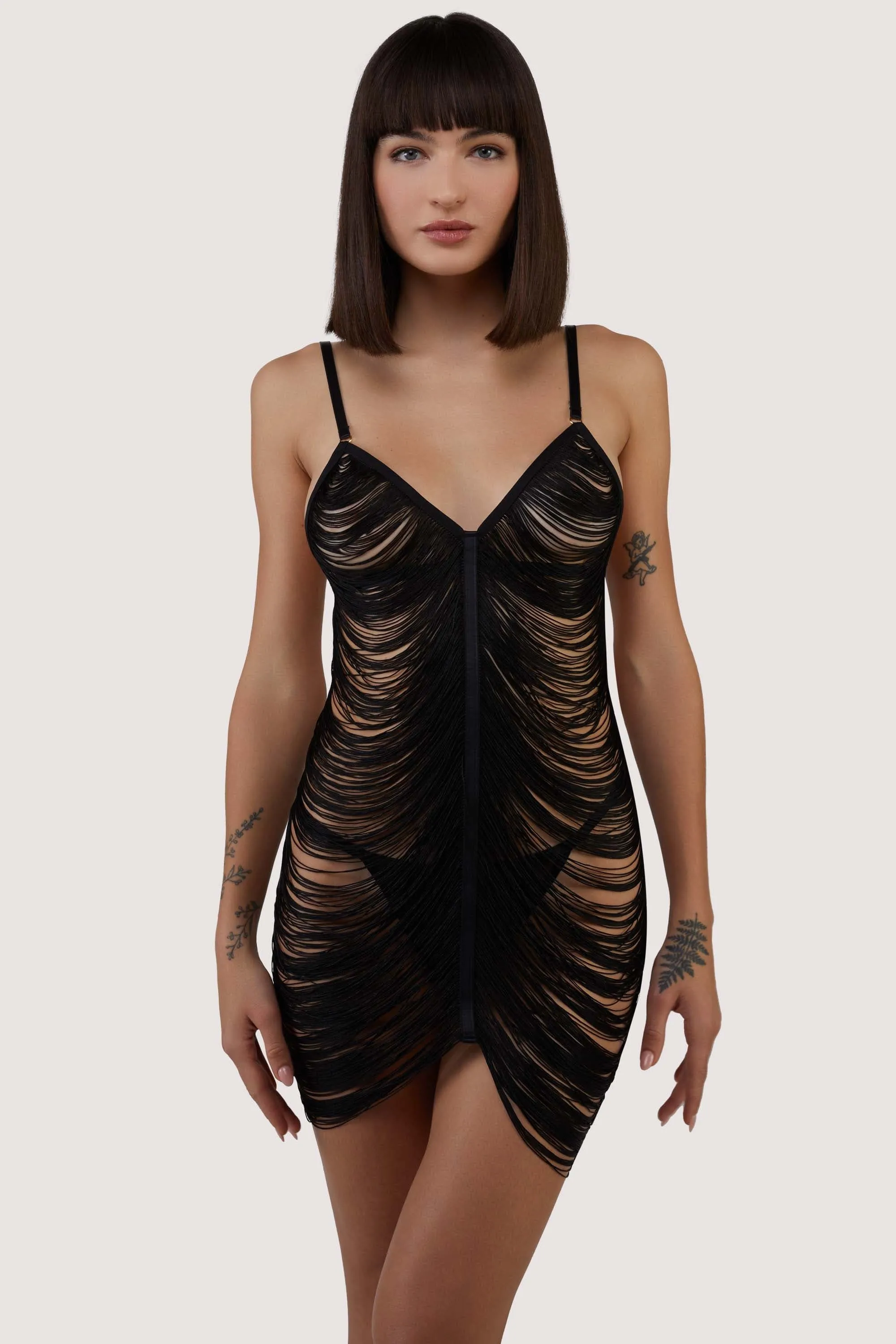 Kiera Black Fringe Bodysuit Dress with Thong