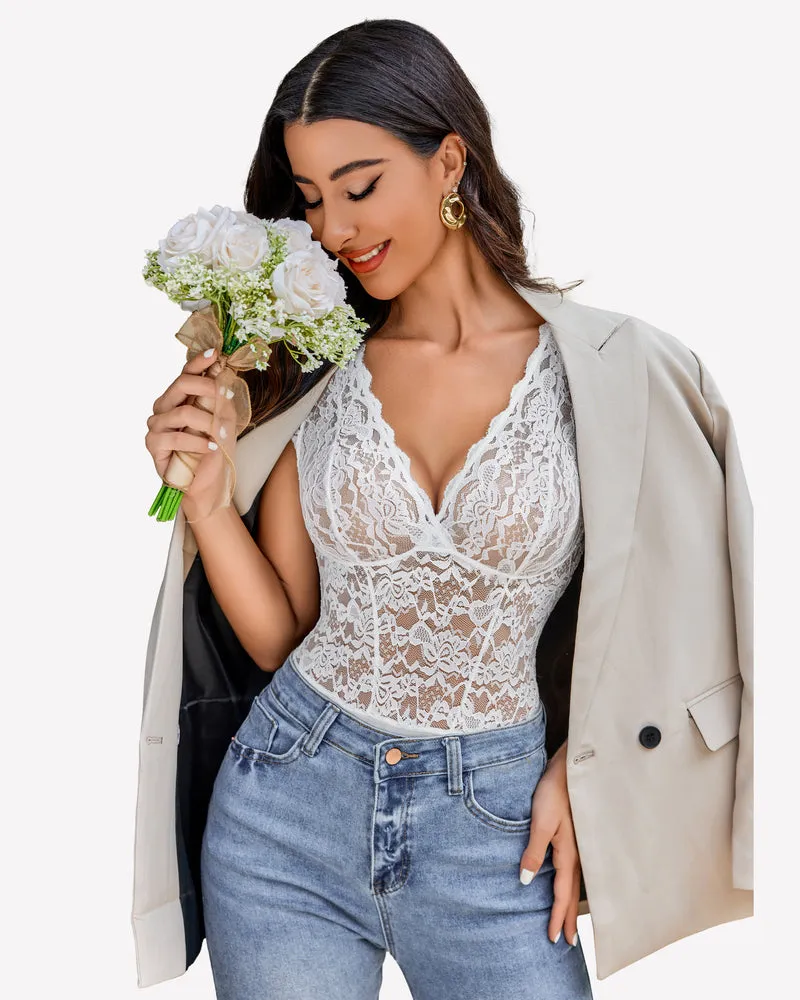 Lace Bodysuits V Neck Snap Crotch Teddy