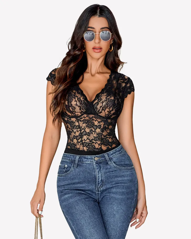 Lace Bodysuits V Neck Snap Crotch Teddy