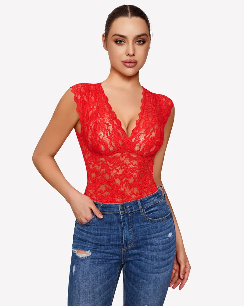 Lace Bodysuits V Neck Snap Crotch Teddy