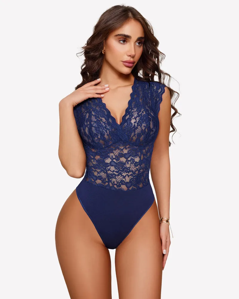 Lace Bodysuits V Neck Snap Crotch Teddy