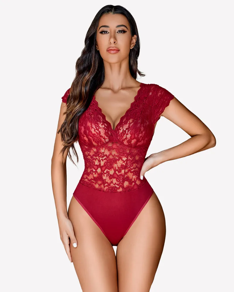 Lace Bodysuits V Neck Snap Crotch Teddy