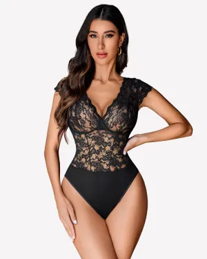 Lace Bodysuits V Neck Snap Crotch Teddy