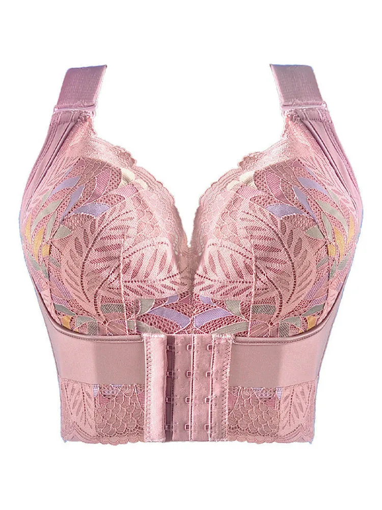 Lace Longline Wireless Support Wide Straps Bras with Front Buckle