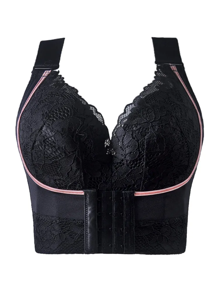 Lace Longline Wireless Support Wide Straps Bras with Front Buckle