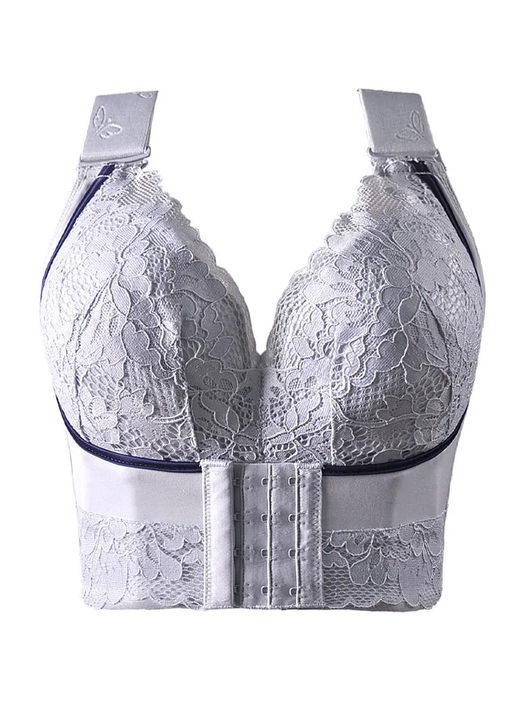Lace Longline Wireless Support Wide Straps Bras with Front Buckle