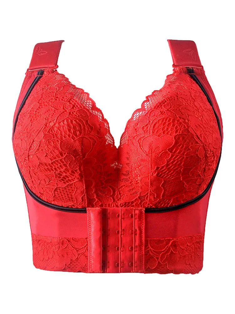 Lace Longline Wireless Support Wide Straps Bras with Front Buckle