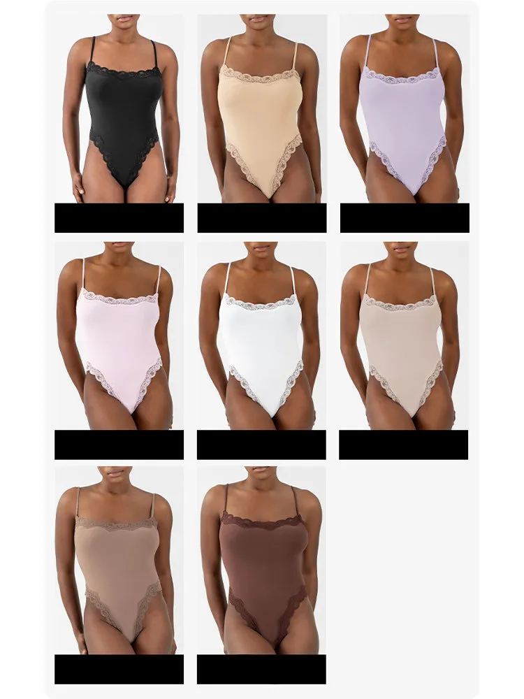 Lace Trim Bodysuit with Adjustable Straps - Slimming Shapewear for Women