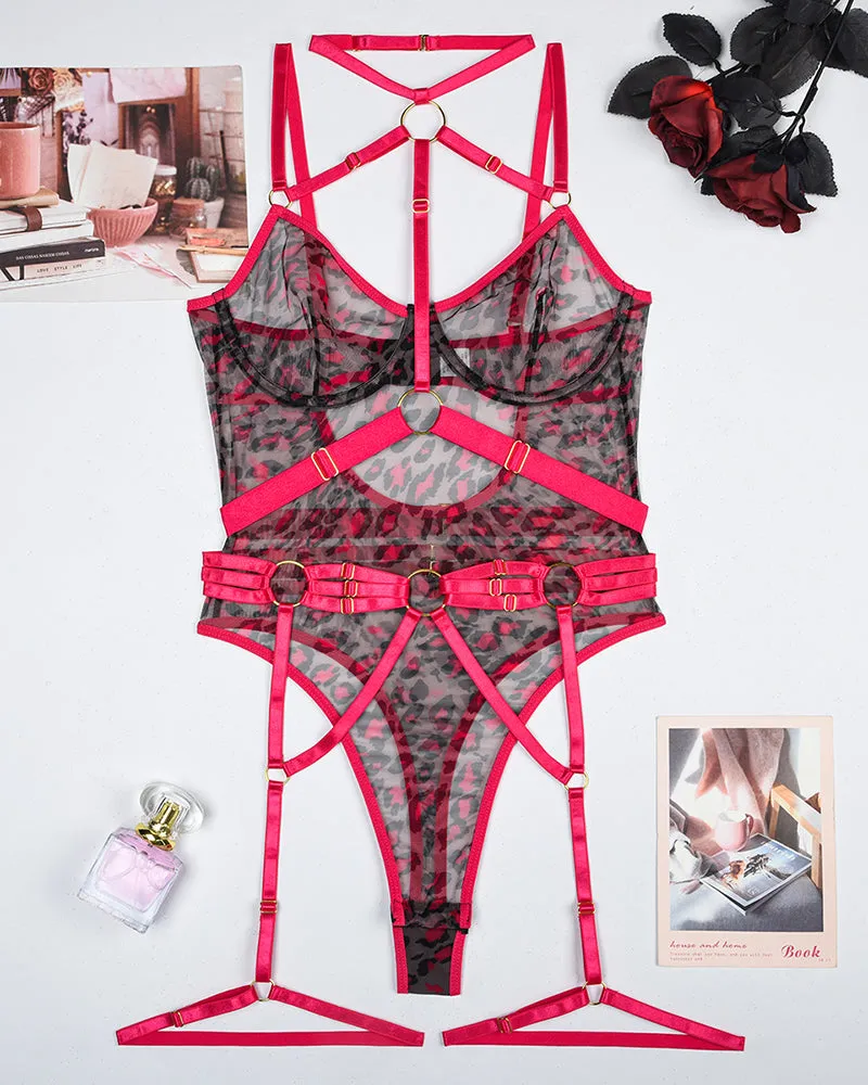 Leopard Mesh Bodysuit with Steel Ring