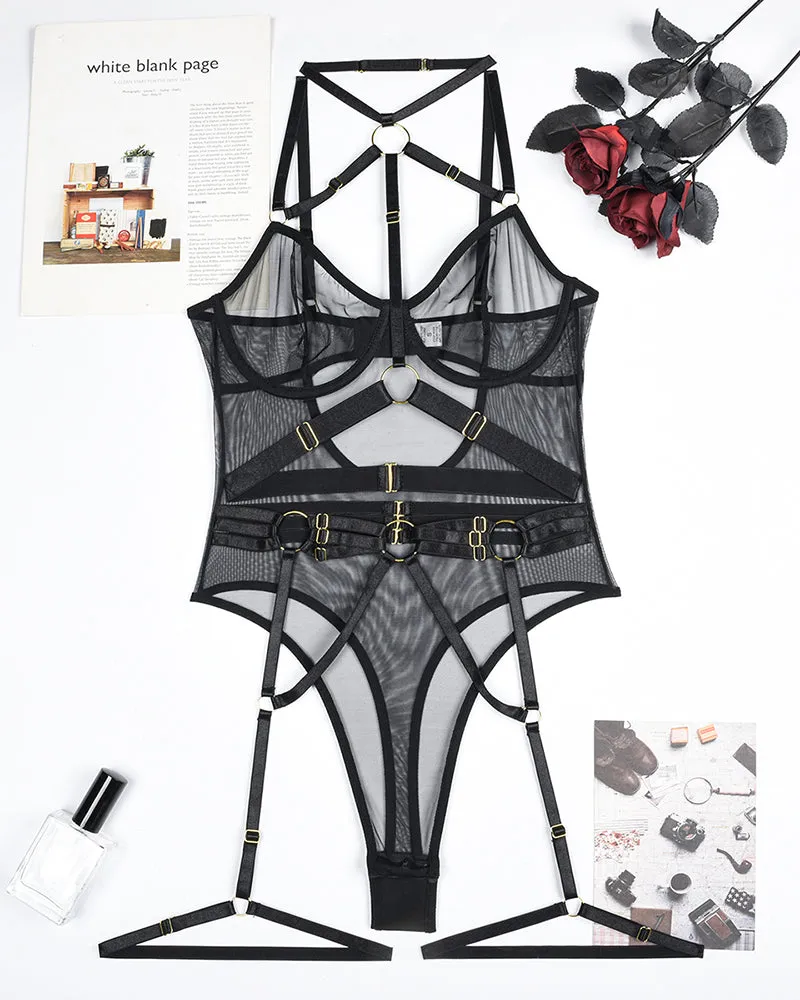 Leopard Mesh Bodysuit with Steel Ring