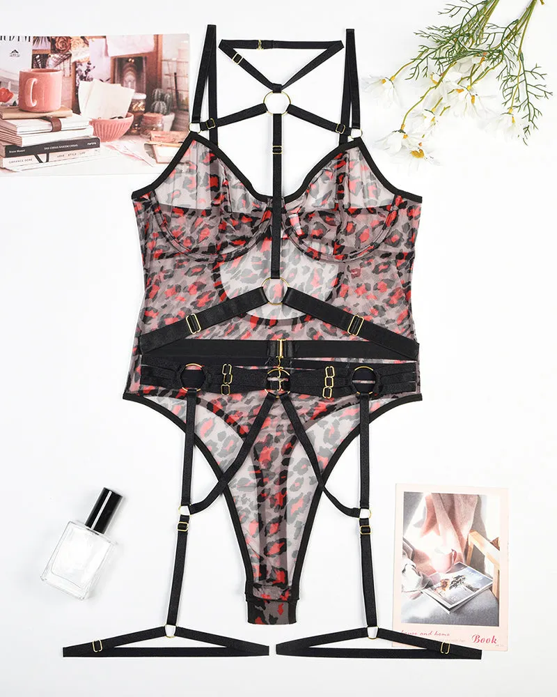 Leopard Mesh Bodysuit with Steel Ring