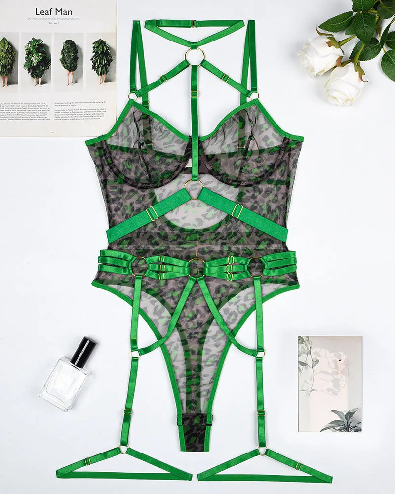 Leopard Mesh Bodysuit with Steel Ring