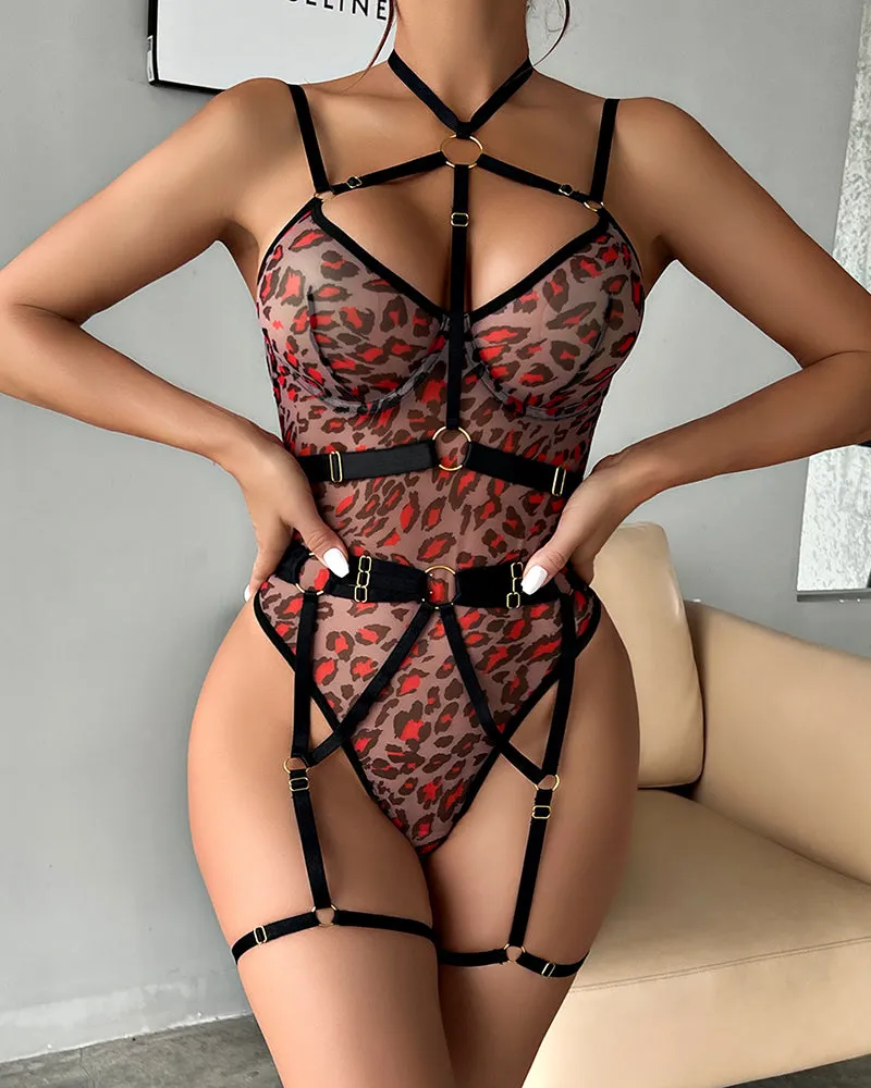 Leopard Mesh Bodysuit with Steel Ring